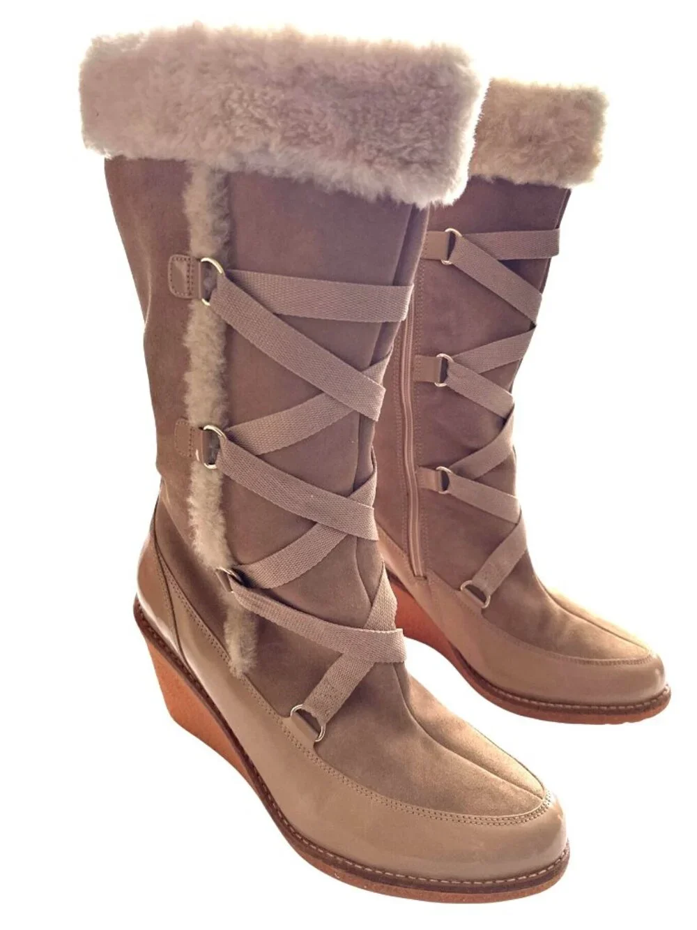 Nike Air Cole Haan Suede Winter Boots Beige Lined Side Zip Lace Front Size 9.5